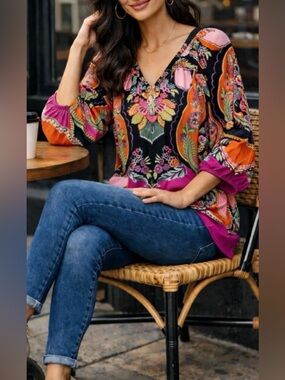 Rachel Zoe Paisley Floral Bohemian Blouse Sz 2X NWT!  Orange Purple Black